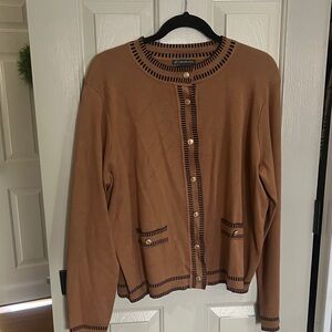 Adrianna Papell Camel Cardigan with Black Trim and Gold Buttons